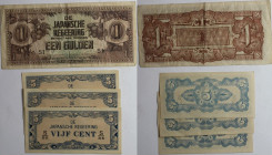 Banknoten, Niederländisch Indien / Netherlands Indies. 3 x 5 Cent, 1 Gulden ND . 4 Stück. Pick 120, 123. II-III
