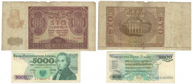 Banknoten, Polen / Poland, Lots und Sammlungen. 100 Zlotych 1940. P.103. III, 5000 Zlotych 1988. P.150c. I, Lot von 2 Banknoten 1940-88. I,III