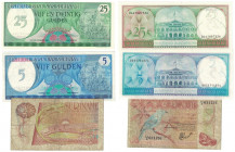 Banknoten, Surinam, Lots und Sammlungen. 2.5 Gulden 1978. P.118. III, 5 Gulden 1982. P. 125. I, 25 Gulden 1985. P.127. I, Lot von 3 Banknoten