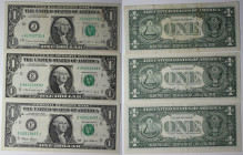 Banknoten, USA / Vereinigte Staaten von Amerika, Federal Reserve Bank Notes. 1 Dollar 1988, 1 Dollar 1988A, P.480b-B, 1 Dollar 2003, P.515A-E. 3 Stück...