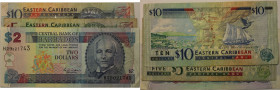 Banknoten, Lots und Sammlungen Banknoten. 2 Dollars Barbados ND(2000) P.60, 5,10 Dollars East Caribbean States ND. Lot von 3 Banknoten. II-III