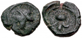 Spain, Carthago Nova. Time of Hannibal, ca. 221-218 B.C. AE 1/5 unit (13.0 mm, 1.35 g, 2 h). Wreathed head of Tanit left / Carthaginian helmet left. A...