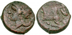 Campania, Neapolis. Ca. 317/310-270 B.C. AE 14 (14.0 mm, 2.25 g, 12 h). NEOΠOΛITEΩN, laureate head of Apollo left / Forepart of Acheloios Sebethos, as...