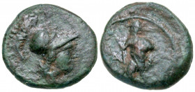 Apulia, Caelia. Ca. 220-150 B.C. AE semuncia(?) (13.8 mm, 1.95 g, 4 h). Head of Athena right wearing Corinthian helmet / KAI, Dioscurus advancing left...