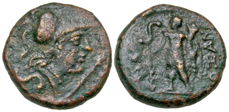 Calabria, Uxentum. Ca. 125-90 B.C. AE semis (17.1 mm, 4.81 g, 4 h). Helmeted hea...