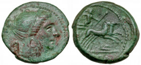 Bruttium, The Bretti. Ca. 211-208 B.C. AE half unit (16.6 mm, 3.18 g, 1 h). Diademed and winged bust of Nike right / BPETTIΩN, Zeus, holding thunderbo...