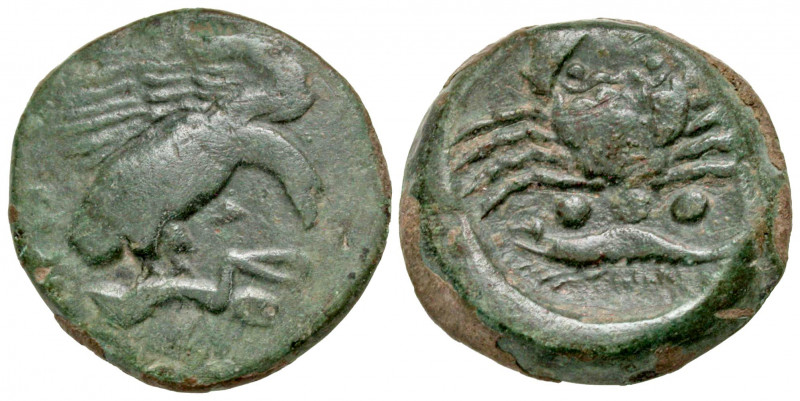 Sicily, Akragas. 415-406 B.C. AE tetras (21.5 mm, 7.47 g, 11 h). AKPA, eagle wit...