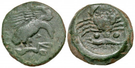 Sicily, Akragas. 415-406 B.C. AE tetras (21.5 mm, 7.47 g, 11 h). AKPA, eagle with head lowered, wings spread, standing right on hare / Crab; three pel...