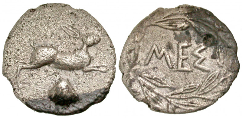 Sicily, Messana. Ca. 420-413 B.C. AR litra (13.5 mm, 0.68 g, 4 h). Hare springin...