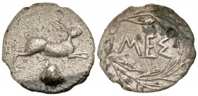 Sicily, Messana. Ca. 420-413 B.C. AR litra (13.5 mm, 0.68 g, 4 h). Hare springing right; scallop shell below / MEΣ, legend within wreath. SNG ANS 348-...