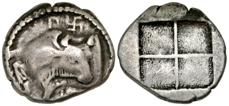 Macedon, Akanthos. Ca. 470-390 B.C. AR tetrobol (16.1 mm, 2.18 g, 12 h). Forepar...