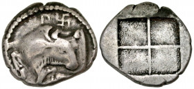 Macedon, Akanthos. Ca. 470-390 B.C. AR tetrobol (16.1 mm, 2.18 g, 12 h). Forepart of bull left, head right; Π and swastika above / Shallow quadriparti...