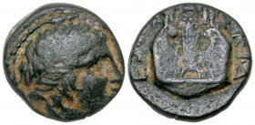 Macedon, Chalkidian League. Olynthos. Ca. 432-348 B.C. AE 16 (15.6 mm, 3.91 g, 1 h). Laureate head of Apollo right / X-A-Λ / KIΔ / EΩN, kithara. SNG A...