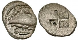 Macedon, Eion. Ca. 460-400 B.C. AR trihemiobol (11.4 mm, 0.79 g, 1 h). Goose standing right on base, head reverted; salamander above, Θ to left of bas...