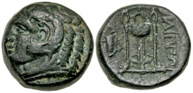 Macedon, Philippi. Ca. 356-345 B.C. AE 16 (16.3 mm, 6.58 g, 11 h). Head of Herakles left, wearing lion's skin headdress / ΦΙΛΙΠΠΩΝ, tripod, laurel bra...