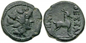 Macedon, Thessalonica. Ca. 187-131 B.C. AE 19 (18.9 mm, 5.49 g, 1 h). Head of Dionysos right, wearing ivy wreath / ΘΕΣΣΑΛΟΝΙΚHΣ, goat standing right. ...
