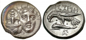 Moesia, Istros. 450-300 B.C. AR drachm (18.7 mm, 5.15 g, 1 h). Two young male heads facing, the left inverted / IΣTPIH, sea-eagle standing on dolphin ...