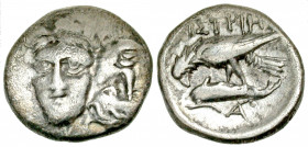 Moesia, Istros. 450-300 B.C. AR quarter drachm (11.9 mm, 1.07 g, 0 h). Two young male heads facing, the right inverted / IΣTPIH, sea-eagle standing on...