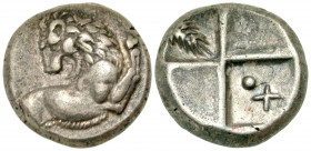 Thrace, Thracian Chersonese. Cherronesos. 400-350 B.C. AR hemidrachm (12.2 mm, 2.35 g, 12 h). Forepart of lion right, head turned back / Quadripartite...