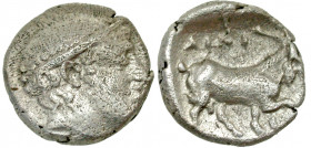 Thrace, Ainos. Ca. 435-405 B.C. AR diobol (10.8 mm, 1.21 g, 8 h). Head of youthful Hermes right, wearing petasos / AINI, goat walking right, crab belo...