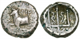 Thrace, Byzantion. Ca. 387-340 B.C. AR hemidrachm (11.8 mm, 1.91 g, 9 h). ΠY, Forepart of bull standing left, dolphin below / Ornamented trident head....