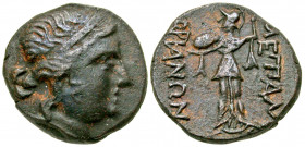 Thrace, Mesembria. Ca. 250-175 B.C. AE 19 (19.0 mm, 6.31 g, 11 h). Diademed female head right / METAM-BPIANΩN, Athena Promachos standing left, holding...