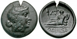 Thrace, Odessos. Ca. 281-270 B.C. AE 19 (19.1 mm, 3.87 g, 1 h). Laureate head of Apollo right / OΔHΣI, Great God of Odessos reclining left, holding pa...