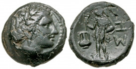 Thrace, Sestos. Ca. 300 B.C. AE trichalkon (17.3 mm, 4.89 g, 3 h). Head of Persephone right, wearing barley wreath / ΣH, Hermes standing left, holding...