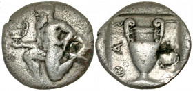 Islands off Thrace, Thasos. Ca. 412-404 B.C. AR trihemiobol (11.9 mm, 0.85 g, 5 h). Satyr kneeling left, holding kantharos / ΘAΣ-IΩN, amphora within s...