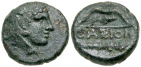 Islands off Thrace, Thasos. Ca. 168-148 B.C. AE 11 (11.1 mm, 1.32 g, 5 h). Head of young Dionysos right, wreathed in ivy, band across forehead / ΘAΣIΩ...