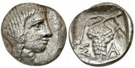 Thracian Kingdom, Odrysian Dynasty. Saratokos. Ca. 407-369 B.C. AR trihemiobol (10.4 mm, 0.82 g, 1 h). Bare head of Saratokos right / Σ-A, grape bunch...