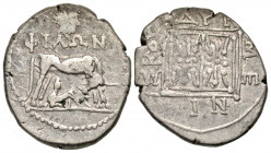 Illyria, Dyrrhachion. Ca. 250-200 B.C. AR drachm (18.7 mm, 2.71 g, 1 h). Philos and Meniskos, magistrates. ΦIΛΩN, cow standing right with suckling cal...