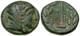 Epeiros, Ambrakia. Ca. 148 B.C. AE 17 (16.7 mm, 4.82 g, 1 h). Laureate, draped, and veiled bust of Dione right / A-M/B-P, obelisk within wreath. SNG C...