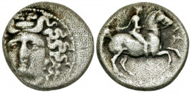 Thessaly, Larissa. Ca. 344-337 B.C. AR trihemiobol (11.0 mm, 1.11 g, 12 h). Head of the nymph Larissa facing slightly left / ΛAPIΣAIΩN, Thessalian cav...