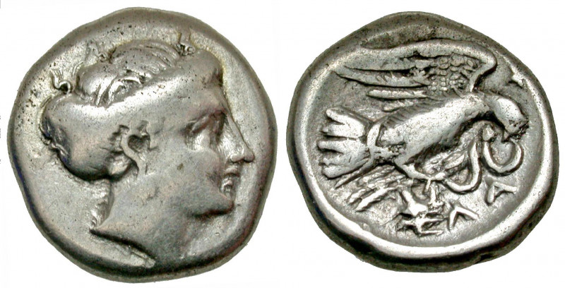 Euboia, Chalkis. Ca. 338-308 B.C. AR drachm (15.9 mm, 3.53 g, 7 h). Head of the ...