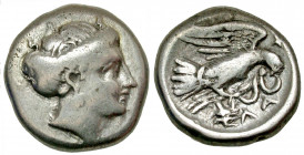 Euboia, Chalkis. Ca. 338-308 B.C. AR drachm (15.9 mm, 3.53 g, 7 h). Head of the nymph Chalkis right / X-AΛ, eagle flying right, holding serpent in tal...