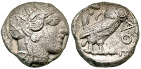 Attica, Athens. 454-404 B.C. AR tetradrachm (23.8 mm, 16.46 g, 9 h). Helmeted head of Athena right wearing Attic helmet / AΘE, owl standing right with...