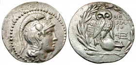 Attica, Athens. Ca. 165-42 B.C. AR "New Style" tetradrachm (33.8 mm, 16.76 g, 1 h). Struck 147/6 B.C. Adei- and Helio(doros), magistrates. Helmeted he...