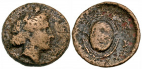 Islands off Attica, Salamis. 4th century B.C. AE dichalkon (15.2 mm, 2.52 g, 11 h). Head of nymph Salamis right, wearing stephane / ΣA-ΛA, sheathed sw...