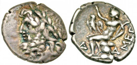 Arkadia, Megalopolis. Ca. 80-50 B.C. AR triobol (16.5 mm, 2.31 g, 2 h). Laureate head of Zeus left / MEΓ, Pan seated left on rock, raising hand and ho...