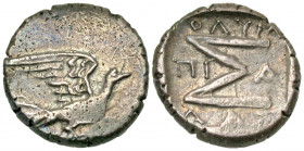 Sikyonia, Sikyon. Ca. 100-60 B.C. AR triobol (14.6 mm, 2.29 g, 1 h). Olympiadas, magistrate. Dove flying right / Large Σ; OΛYM/ΠI-A/ΔAΣ around; all wi...