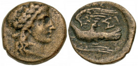 Sikyonia, Sikyon. Ca. 90-60 B.C. AE trichalkon (17.6 mm, 3.57 g, 0 h). Laureate head of Apollo right / AINEAΣ, ΣI, dove flying left, holding filet in ...