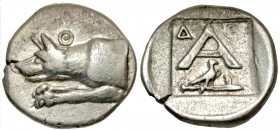 Argolis, Argos. Ca. 260-250 B.C. AR triobol (16.5 mm, 2.37 g, 7 h). Forepart of wolf at bay left, Θ above / Large A; Δ-E across upper field, eagle on ...