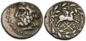 Achaian League, Corinth. Ca. 160-146 B.C. AR hemidrachm (14.9 mm, 2.35 g, 10 h). Laureate head of Zeus right / Pegasus flying right above; K-A-Σ aroun...