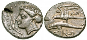 Paphlagonia, Sinope. Ca. 330-300 B.C. AR drachm (19.8 mm, 5.87 g, 5 h). Karp-, magistrate. Head of nymph facing left, hair held in sakkos, wearing tri...