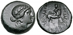 Bithynian Kingdom. Prusias II. 182-149 B.C. AE 21 (21.2 mm, 5.49 g, 1 h). Wreathed head of Dionysos right / ΒΑΣΙΛΕΩΣ ΠPOYΣIOY, the centaur Chiron walk...