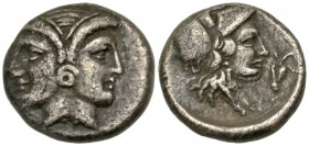 Mysia, Lampsakos. Ca. 390-330 B.C. AR diobol (11.0 mm, 1.15 g, 10 h). Female janiform head, wearing earring / ΛAM, head of Athena right, wearing crest...