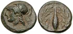 Aiolis, Elaia. Ca. 340-300 B.C. AE 11 (11.0 mm, 1.13 g, 3 h). Helmeted head of Athena left / EΛ, grain ear within wreath. SNG Copenhagen 170; SNG von ...