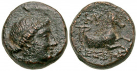 Aiolis, Kyme. 250-190 B.C. AE 13 (13.1 mm, 2.86 g, 6 h). Lesbios, Magistrate. Head of the Amazon Kyme right, hair rolled / KY / ΛEΣBIOΣ, forepart of h...