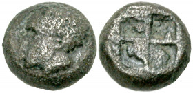 Lesbos, Uncertain mint. Ca. 500 B.C. BI twelfth stater (8.1 mm, 0.88 g, 11 h). Head of a young, male African to left (Aithiops?) / Quadripartite incus...